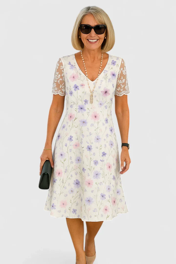 V Neck Floral Lace Sleeve Dress