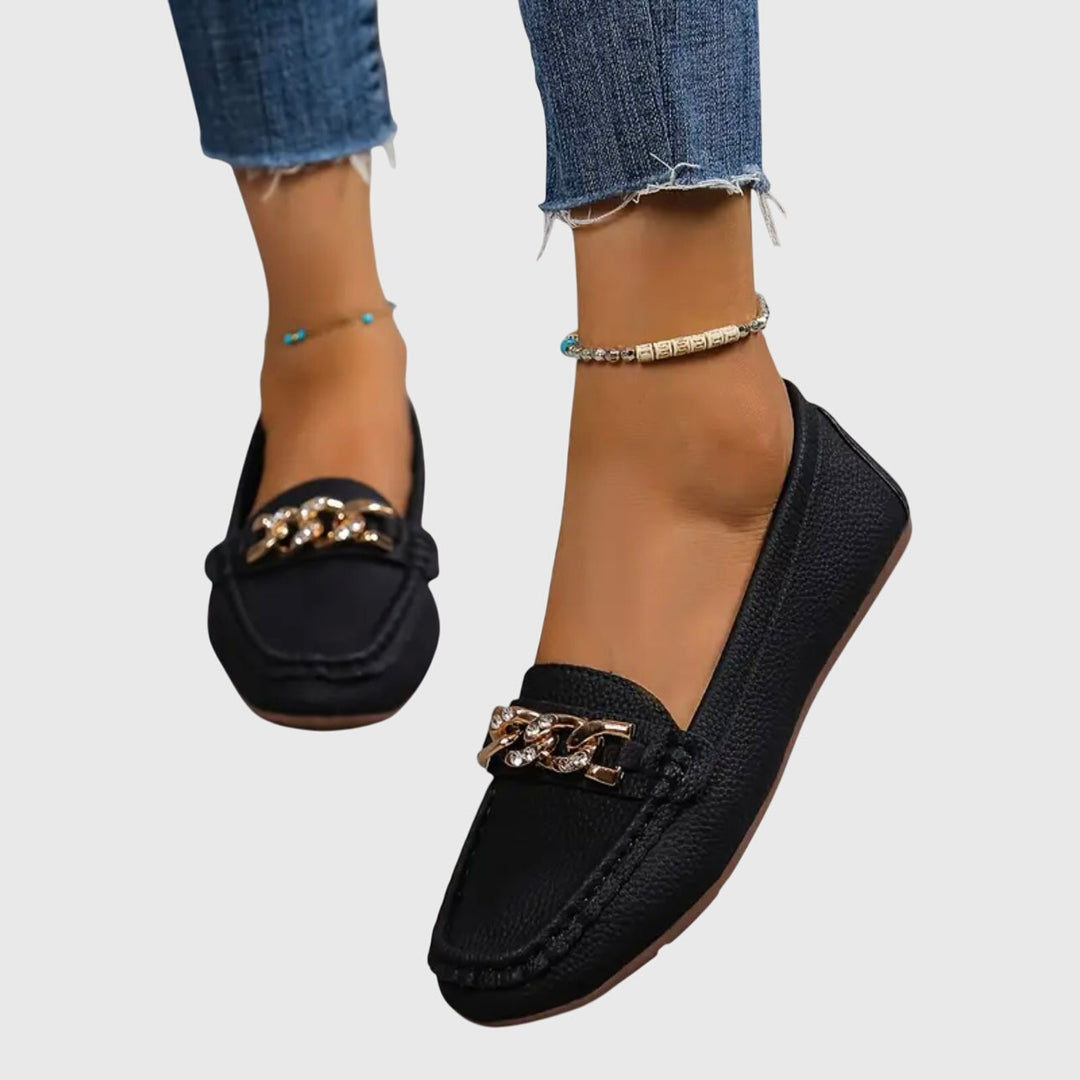 Gold Chain Detail Round Toe Loafers Women