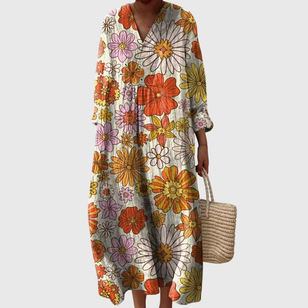 V Neck Geometric Maxi Dress Loose Fit