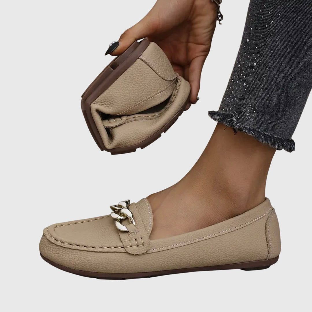 Gold Chain Detail Round Toe Loafers Women