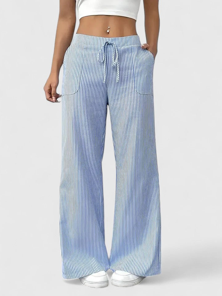 Striped Drawstring Wide Leg Pants Women - Casual Cotton