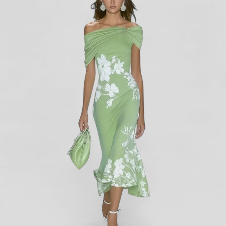 Women's Floral Midi Dress Off Shoulder Bodycon Wedding Guest
