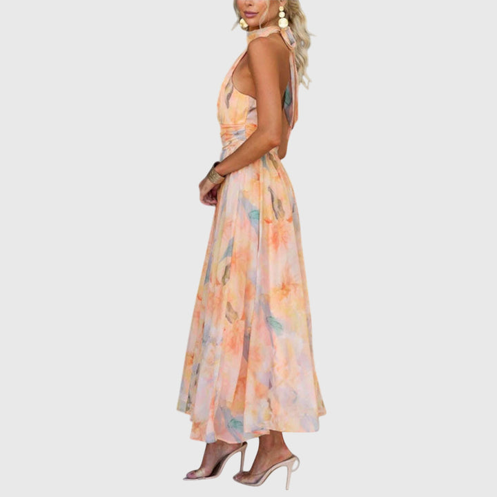 Halter Neck Flowy Maxi Dress Belted Waist