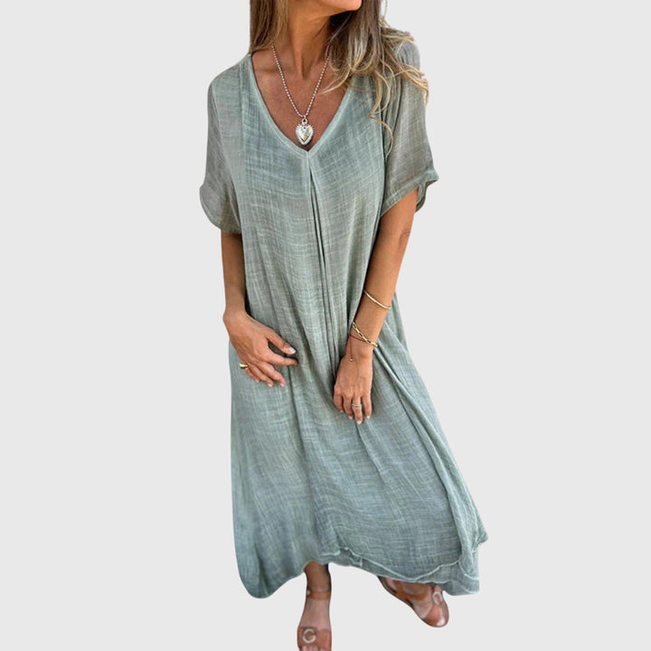 Casual Cotton Linen V Neck Summer Midi Dress