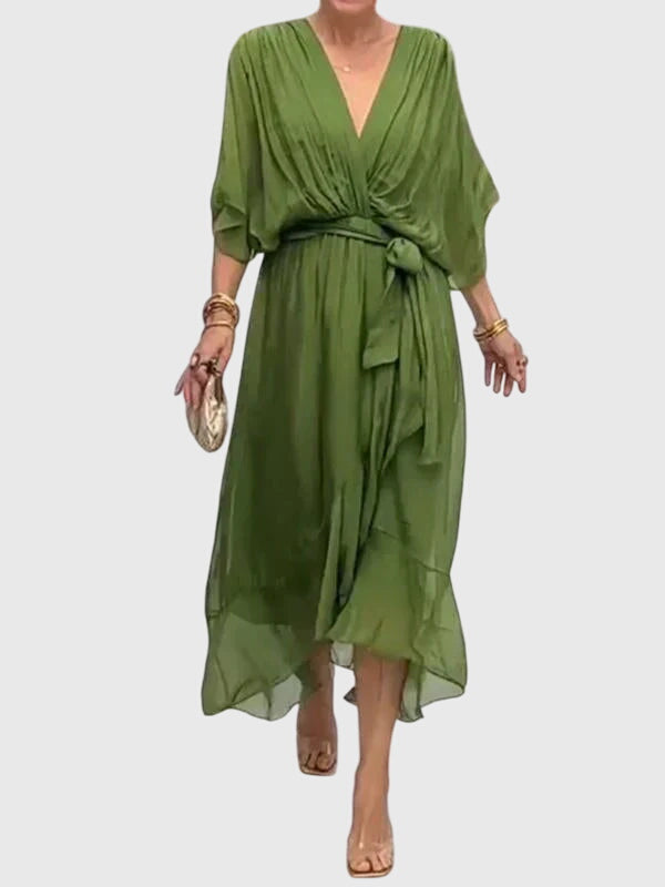V Neck Belted Wrap Midi Dress Flowy Fit