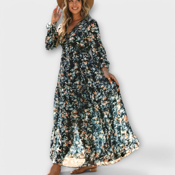 Long Sleeve Floral Maxi Dress Tiered Fit