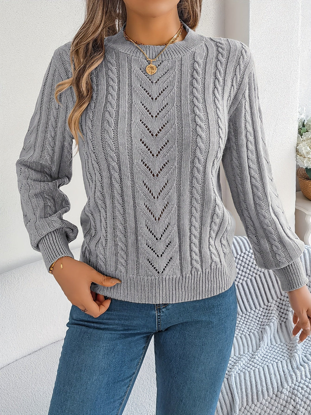 Dorothea | Women's Crew Neck Sweater in Textured Pointelle and Cable Knit