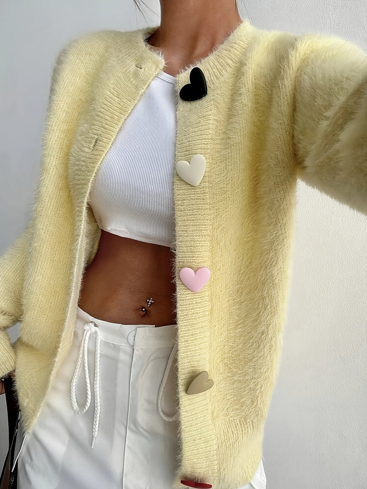 Sable | Women's Fuzzy Round Neck Cardigan with Multicolour Heart Buttons