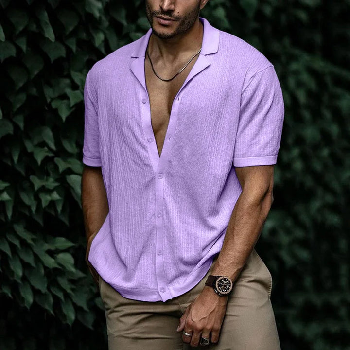 Ribbed Knit Camp Collar Short Sleeve Button Down Mens Casual Shirt
