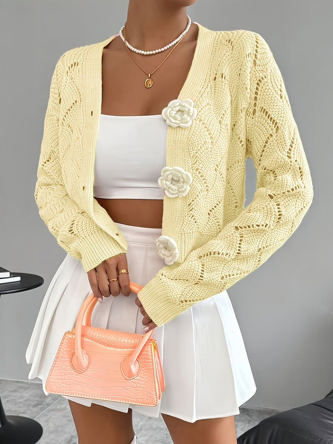 Marigold | Women's Scalloped Crochet Cardigan with 3D Rose Buttons