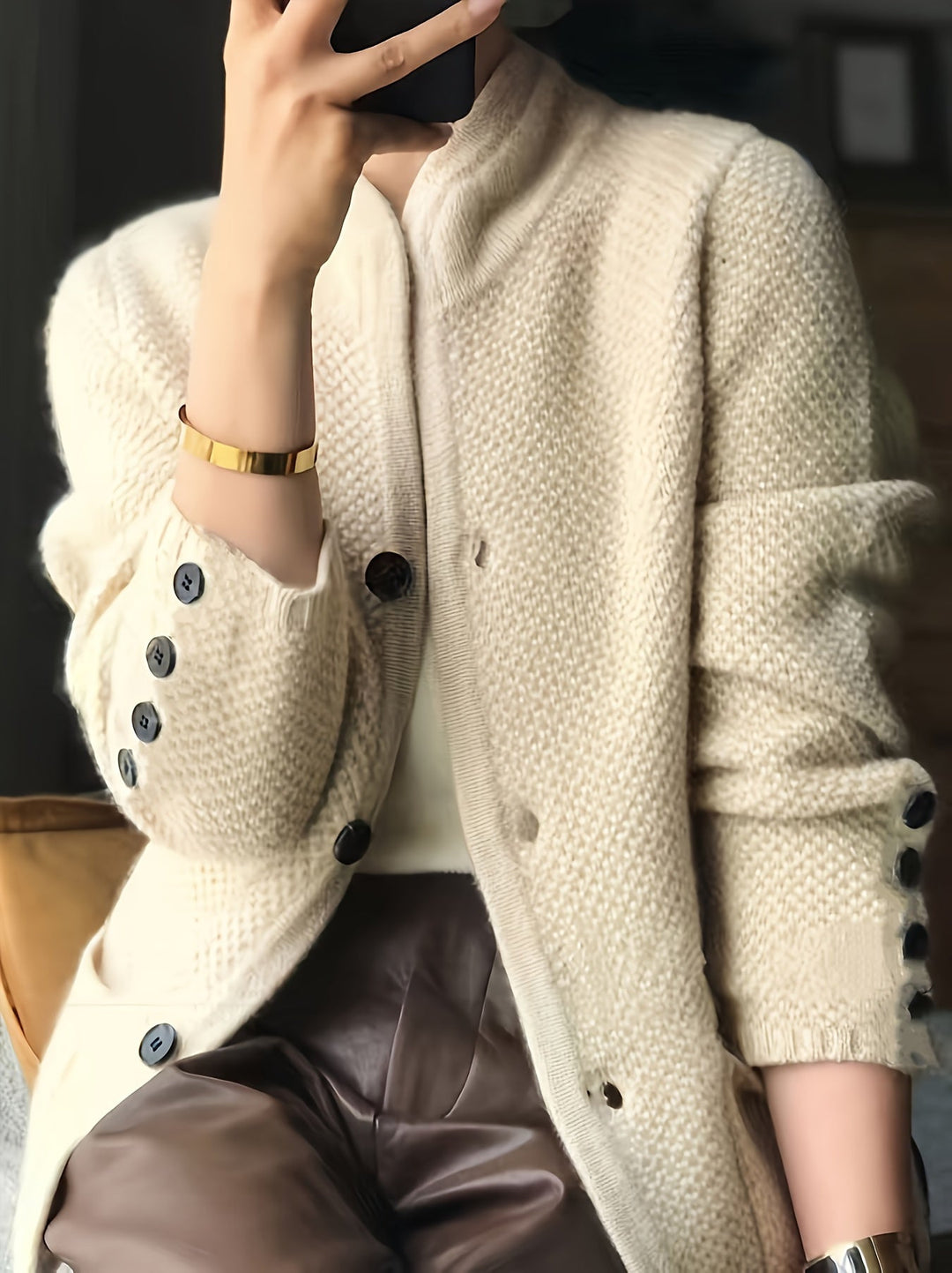 Genevieve | Women's Waffle Knit Button Cardigan with Patch Pockets
