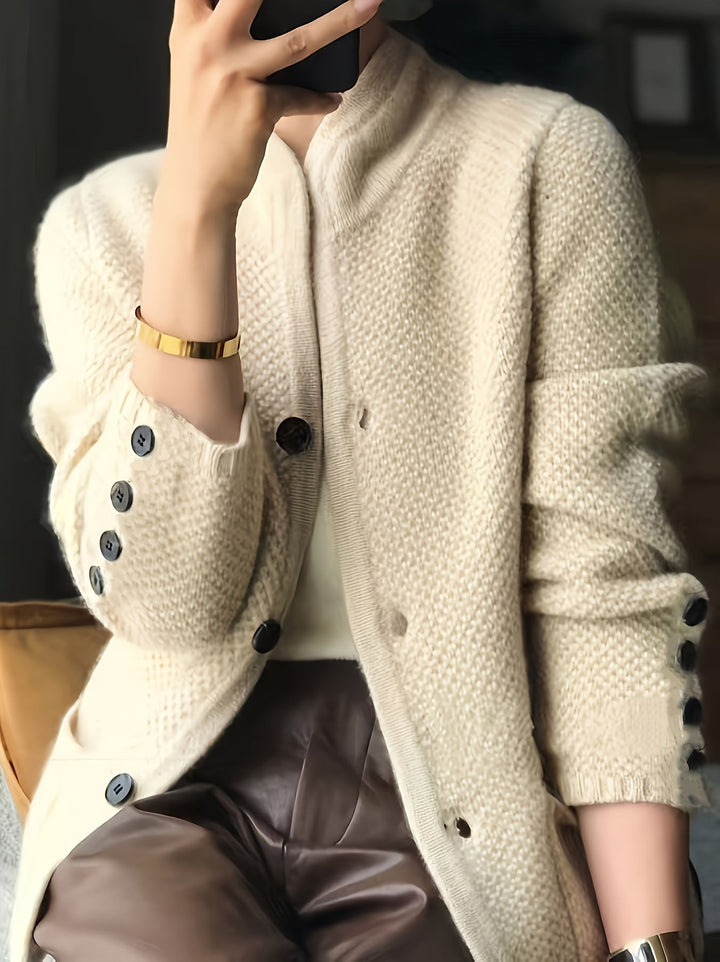 Genevieve | Women's Waffle Knit Button Cardigan with Patch Pockets