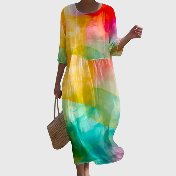 Floral Midi Dress Loose Fit Three Quarter Sleeve