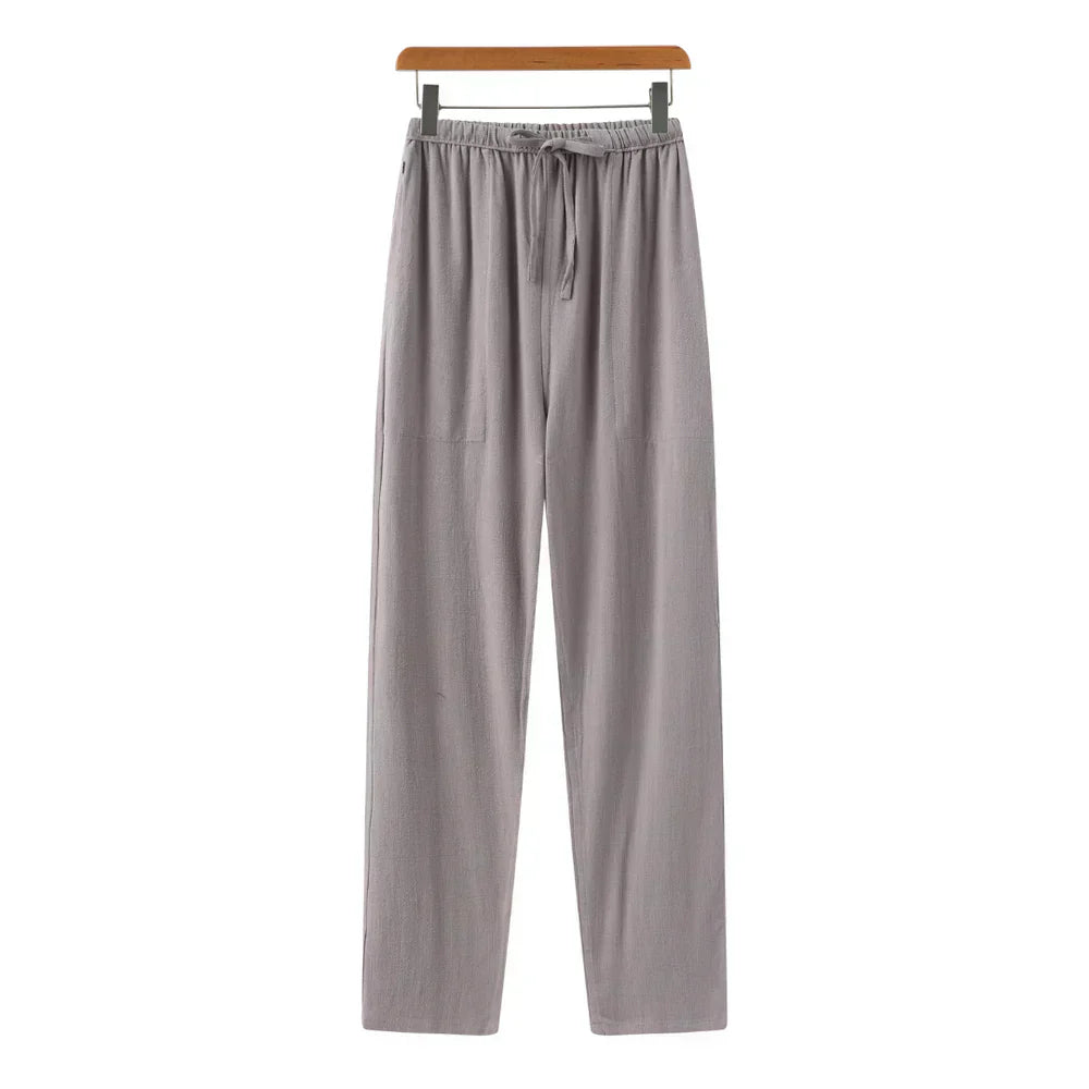 Drawstring Straight Leg Linen Trousers - Relaxed Casual Fit