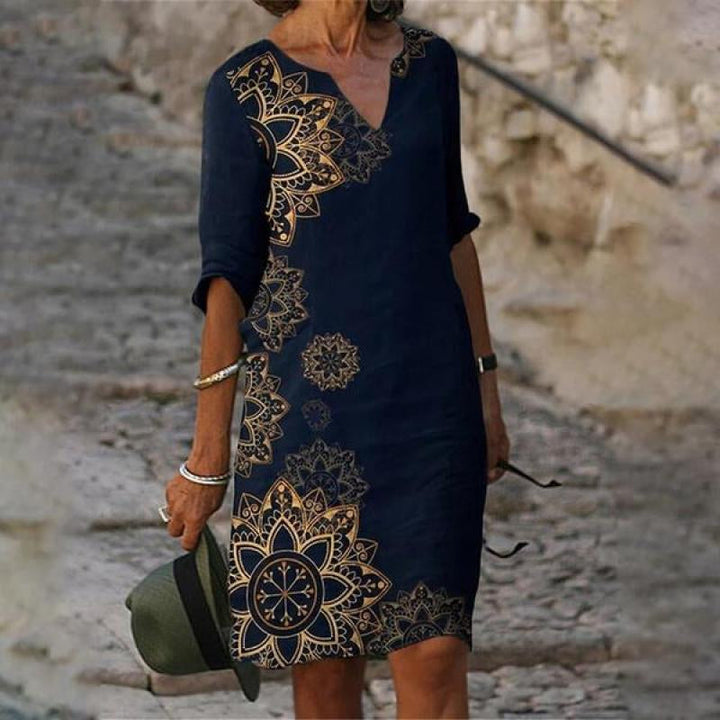 Wildflower Floral V Neck Three Quarter Sleeve Relaxed Linen Midi Dress