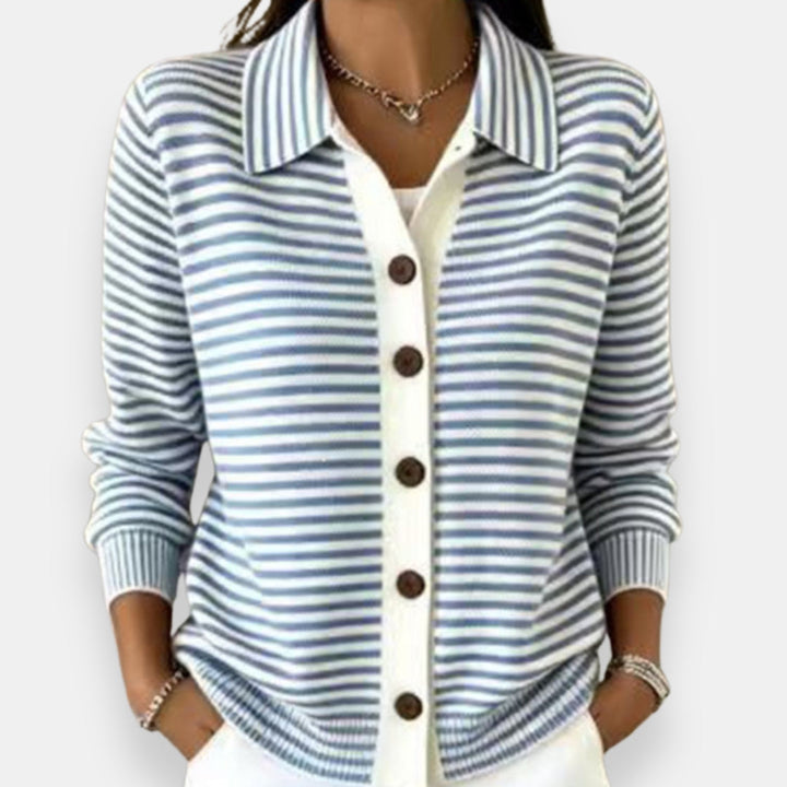 Larissa | Women's Striped Polo Collar Cardigan Sweater with Button Front