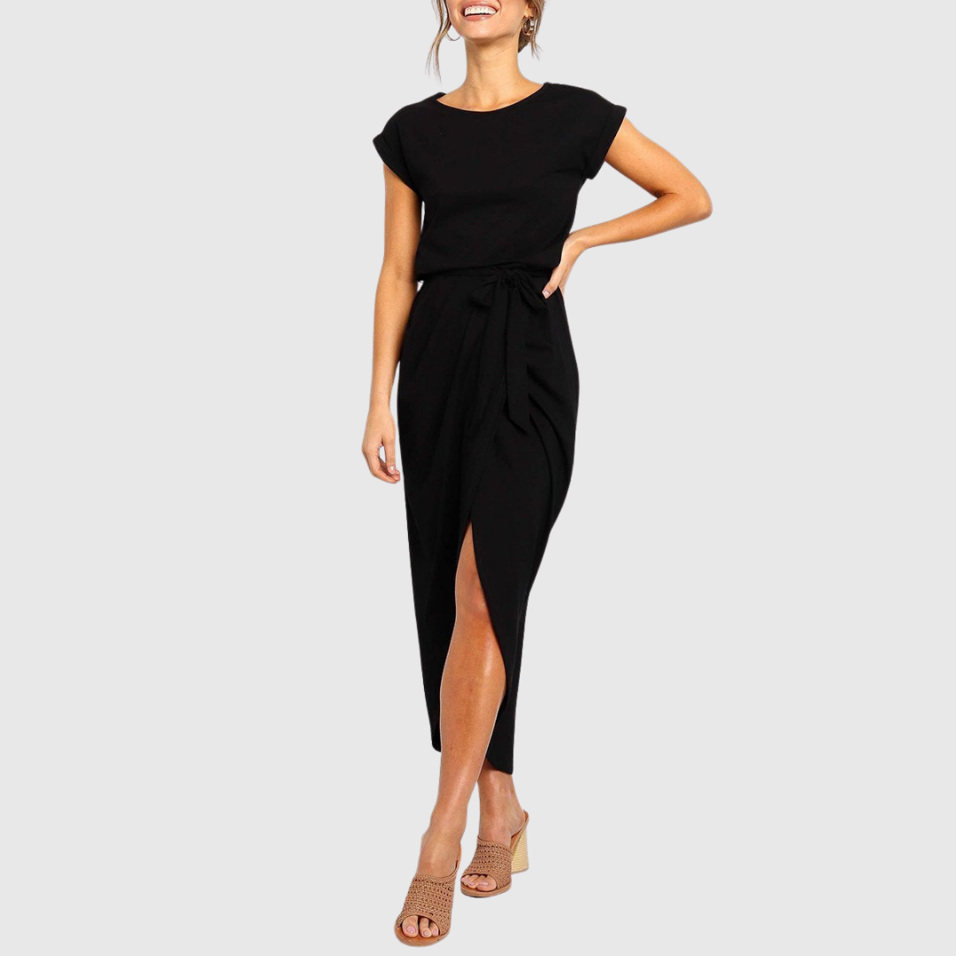 Cap Sleeve Belted Casual Midi Dress Side Split