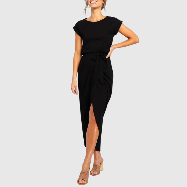 Cap Sleeve Belted Casual Midi Dress Side Split
