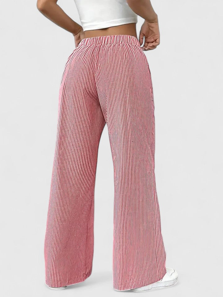 Striped Drawstring Wide Leg Pants Women - Casual Cotton