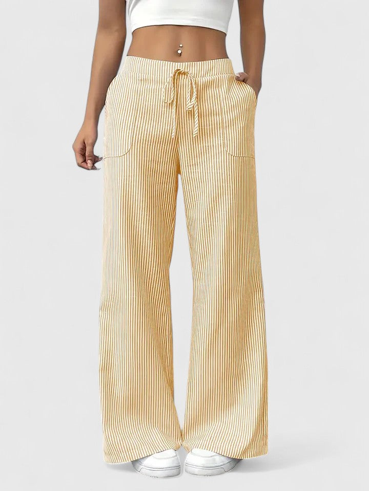 Striped Drawstring Wide Leg Pants Women - Casual Cotton