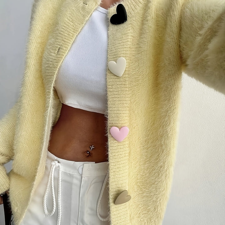 Sable | Women's Fuzzy Round Neck Cardigan with Multicolour Heart Buttons