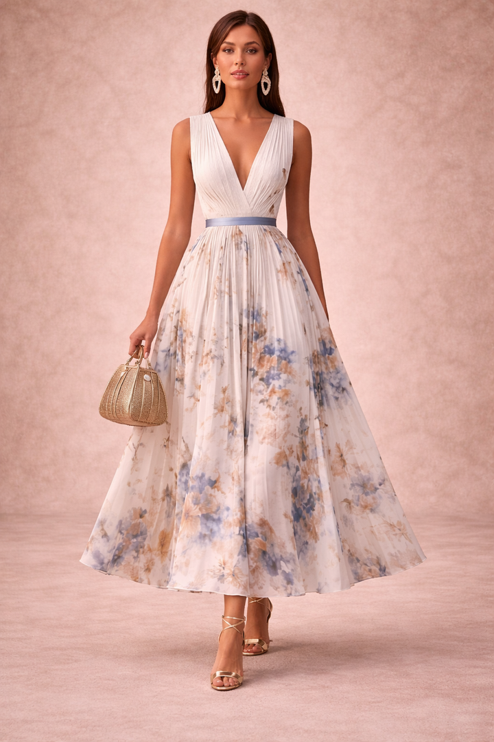Women's Floral Pleated Maxi Dress Deep V Neck Sleeveless Wedding Guest