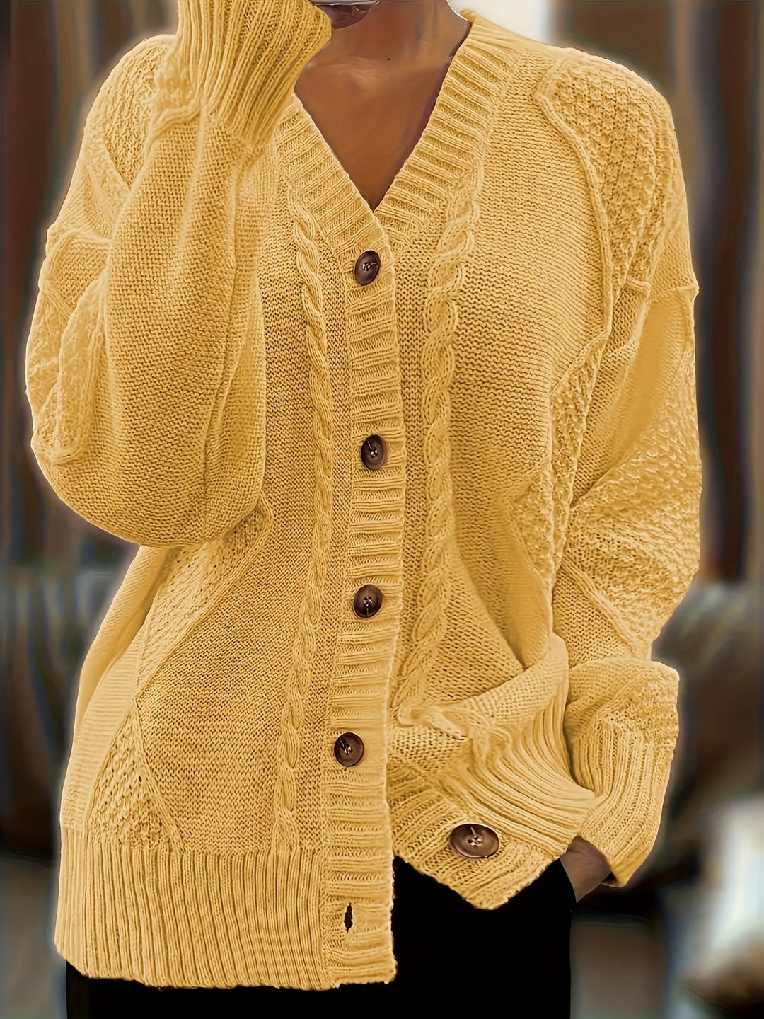 Camille | Women's Mixed-Stitch Cable Knit V-Neck Cardigan