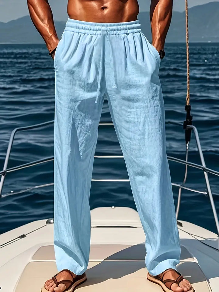 Drawstring Pleated Linen Mens Casual Trousers - Resort Loose Fit