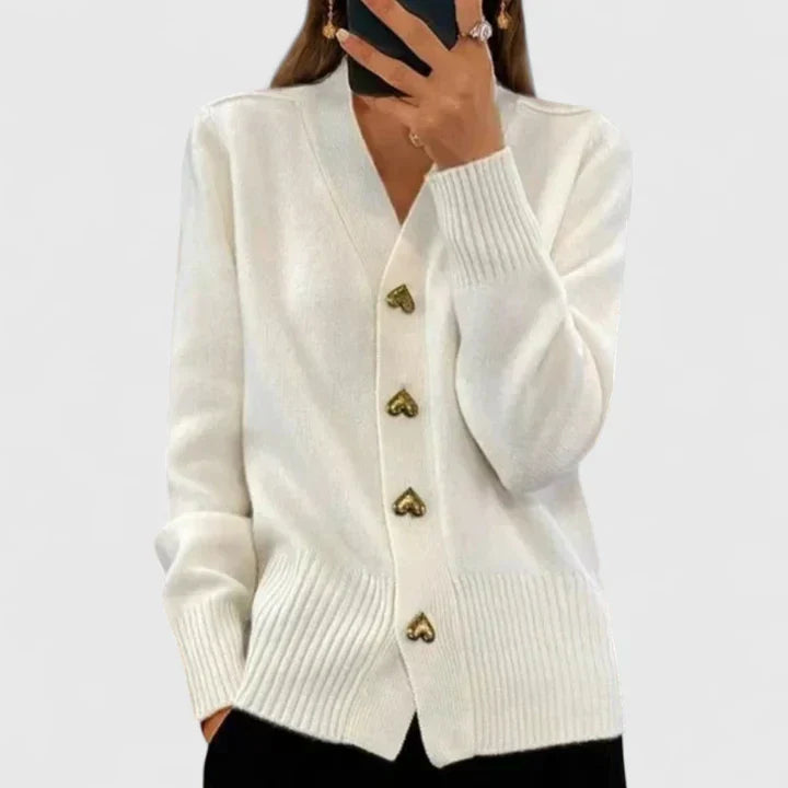 Odette | Women's V-Neck Cashmere Cardigan with Gold Heart Buttons