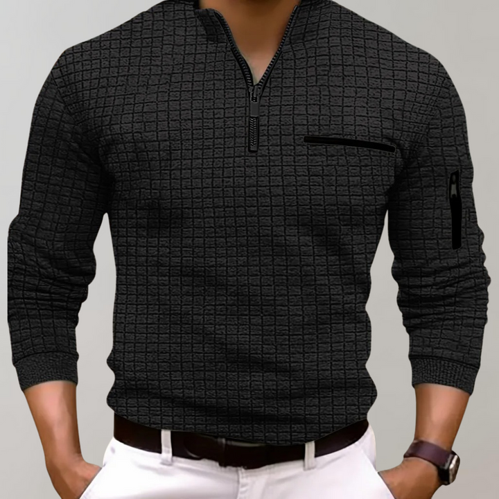Waffle Texture Quarter Zip Chest Pocket Slim Fit Polo Shirt