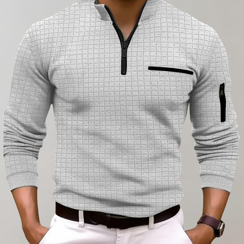Waffle Texture Quarter Zip Chest Pocket Slim Fit Polo Shirt
