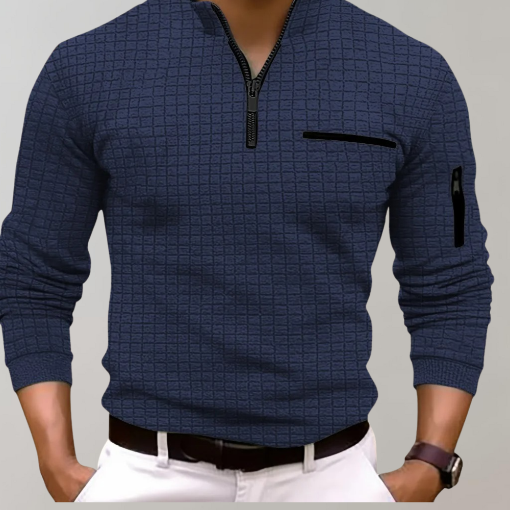 Waffle Texture Quarter Zip Chest Pocket Slim Fit Polo Shirt