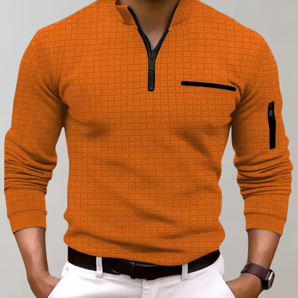 Waffle Texture Quarter Zip Chest Pocket Slim Fit Polo Shirt