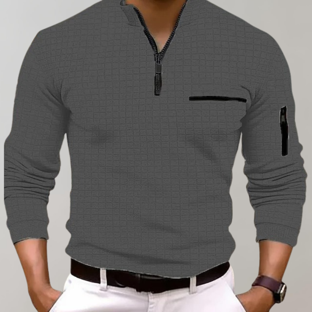 Waffle Texture Quarter Zip Chest Pocket Slim Fit Polo Shirt