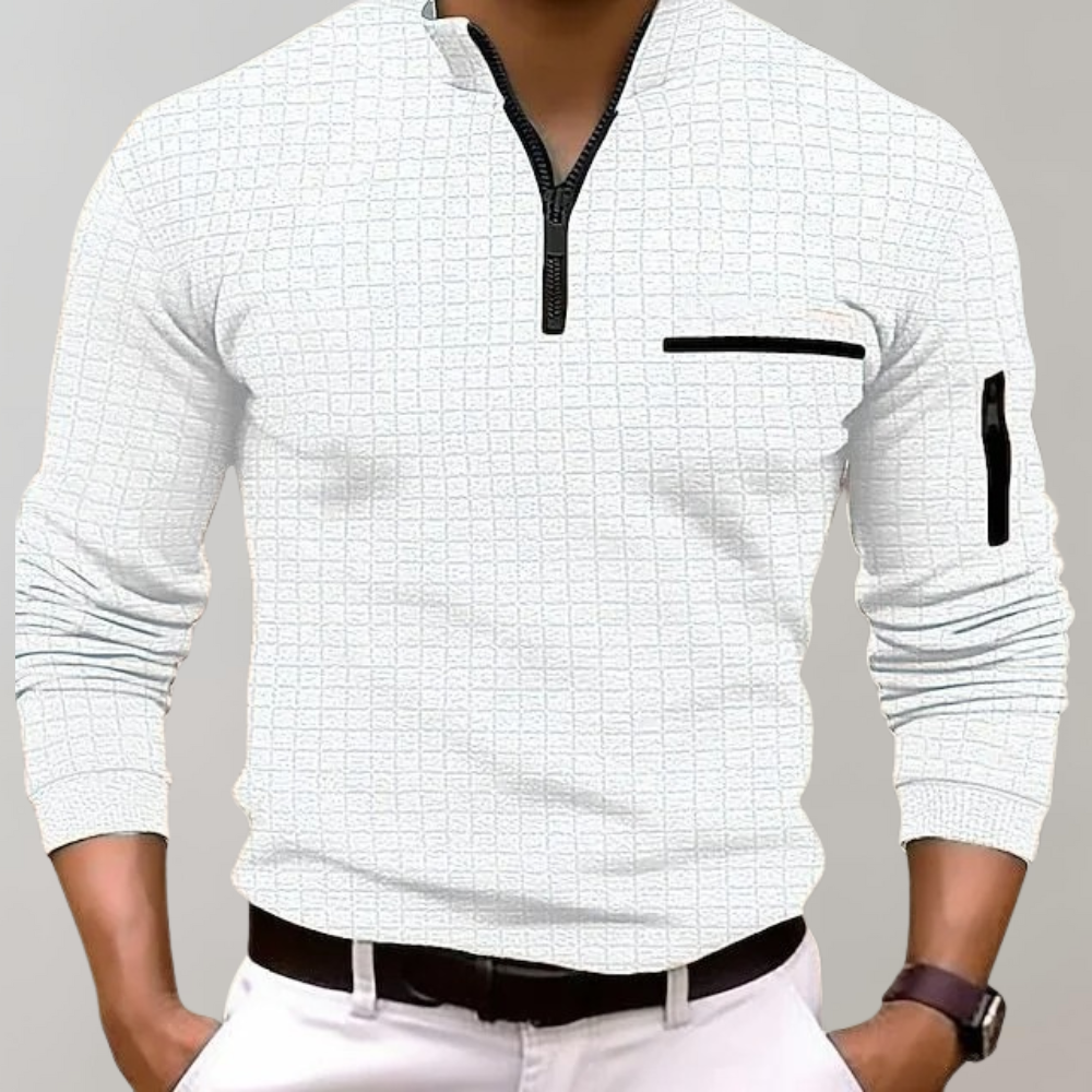 Waffle Texture Quarter Zip Chest Pocket Slim Fit Polo Shirt