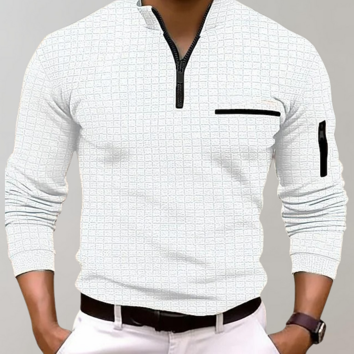 Waffle Texture Quarter Zip Chest Pocket Slim Fit Polo Shirt