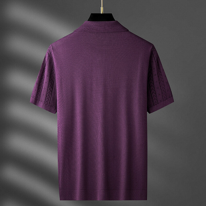 Cable Knit Texture Open Collar Short Sleeve Polo Shirt