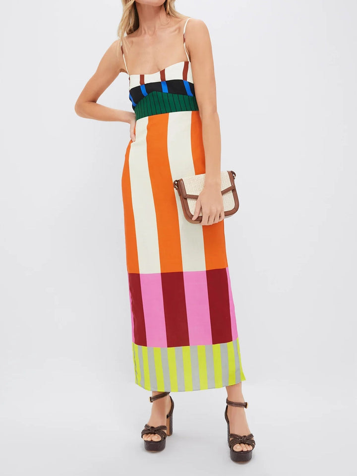 Women's Striped Midi Dress Bodycon Spaghetti Strap Summer Vacation