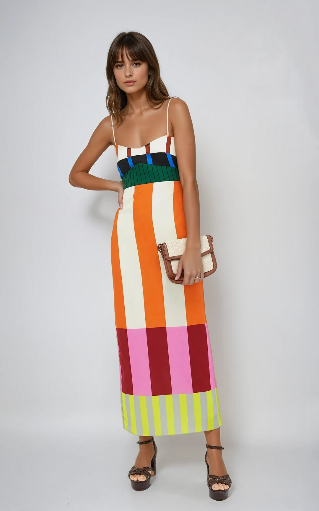 Women's Striped Midi Dress Bodycon Spaghetti Strap Summer Vacation