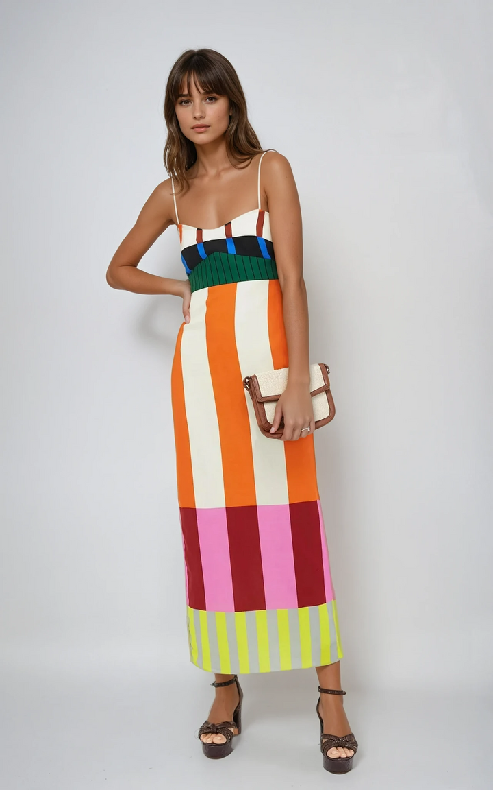 Women's Striped Midi Dress Bodycon Spaghetti Strap Summer Vacation