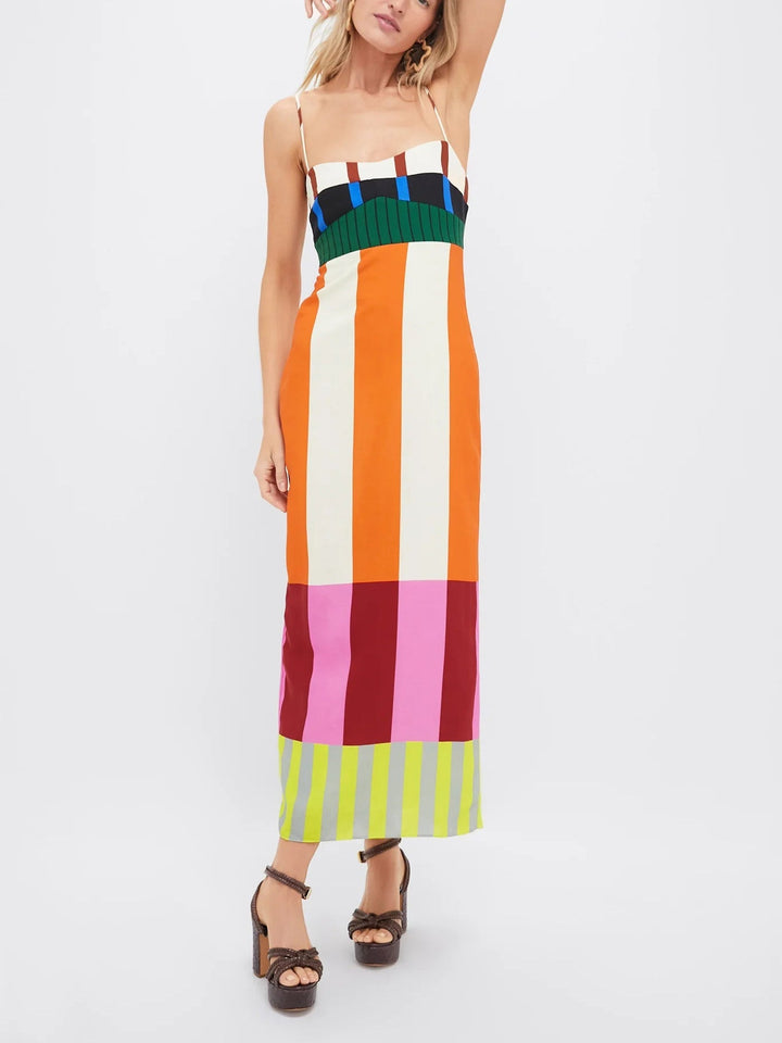 Women's Striped Midi Dress Bodycon Spaghetti Strap Summer Vacation
