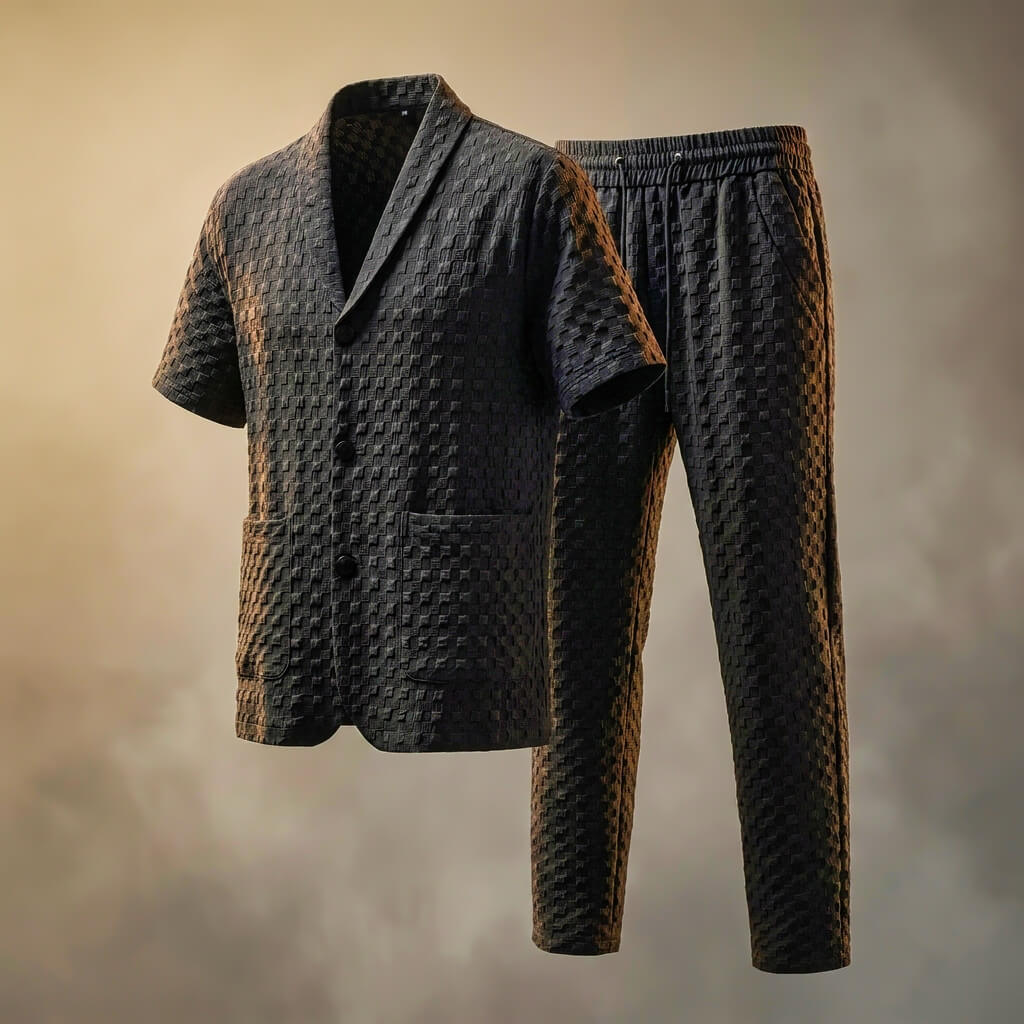 Textured Geometric Shawl Collar Short Sleeve Shirt and Pant Set