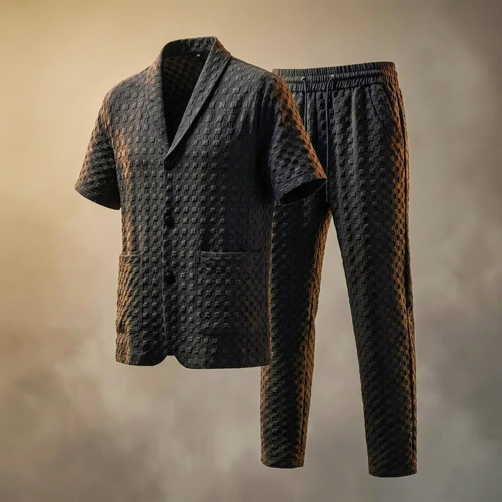 Textured Geometric Shawl Collar Short Sleeve Shirt and Pant Set