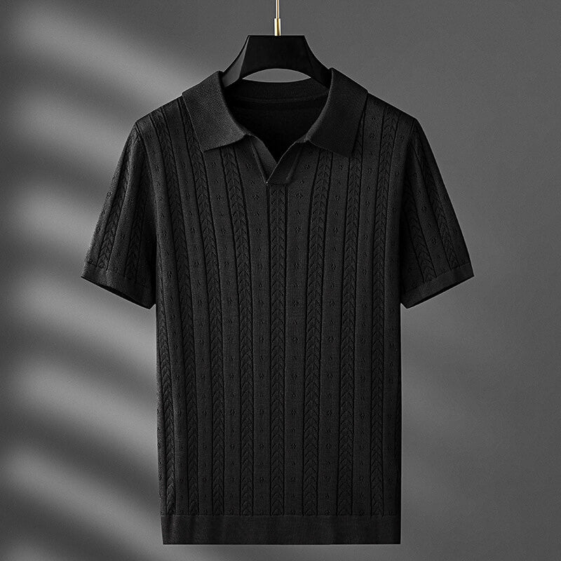 Cable Knit Texture Open Collar Short Sleeve Polo Shirt