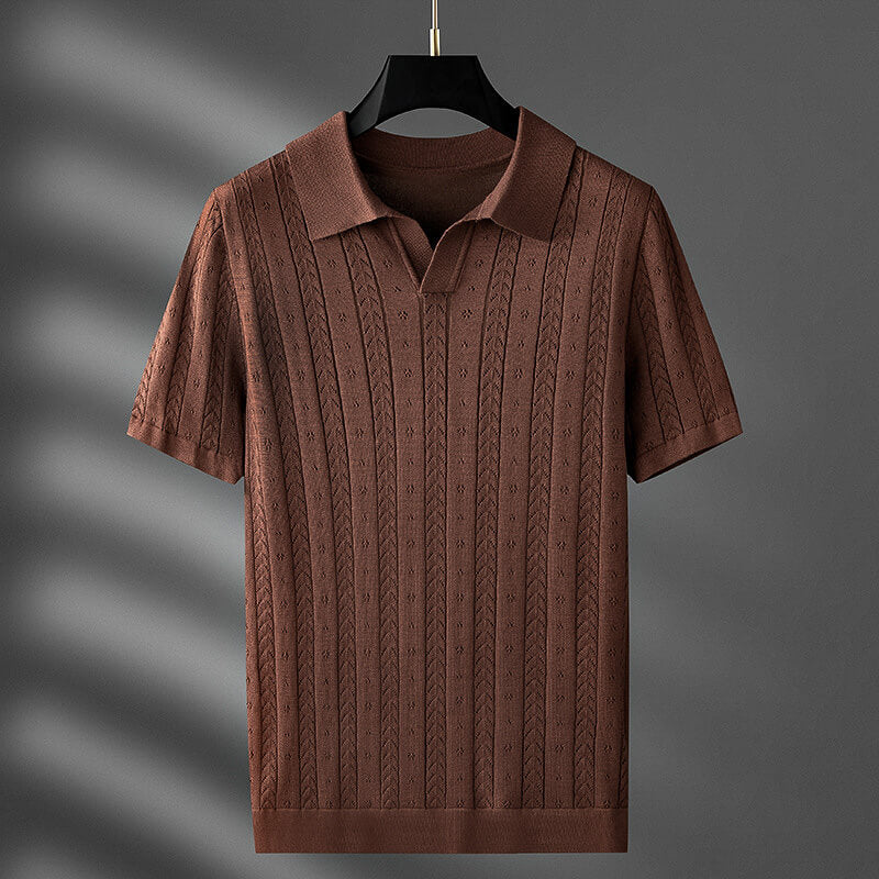 Cable Knit Texture Open Collar Short Sleeve Polo Shirt