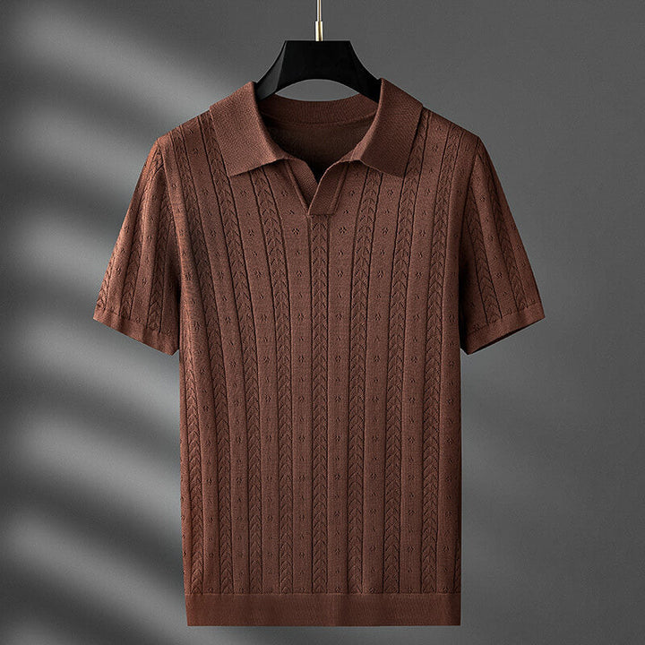 Cable Knit Texture Open Collar Short Sleeve Polo Shirt