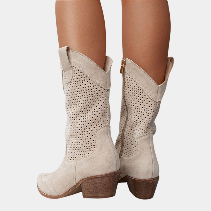 Perforated Leather Pointed Toe Stacked Heel Cowboy Boot