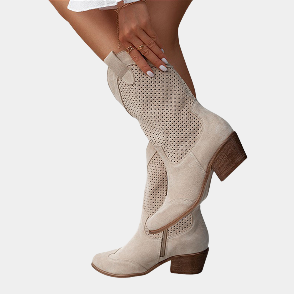 Perforated Leather Pointed Toe Stacked Heel Cowboy Boot
