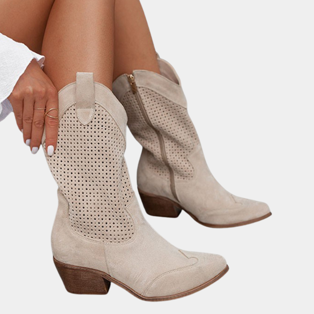 Perforated Leather Pointed Toe Stacked Heel Cowboy Boot