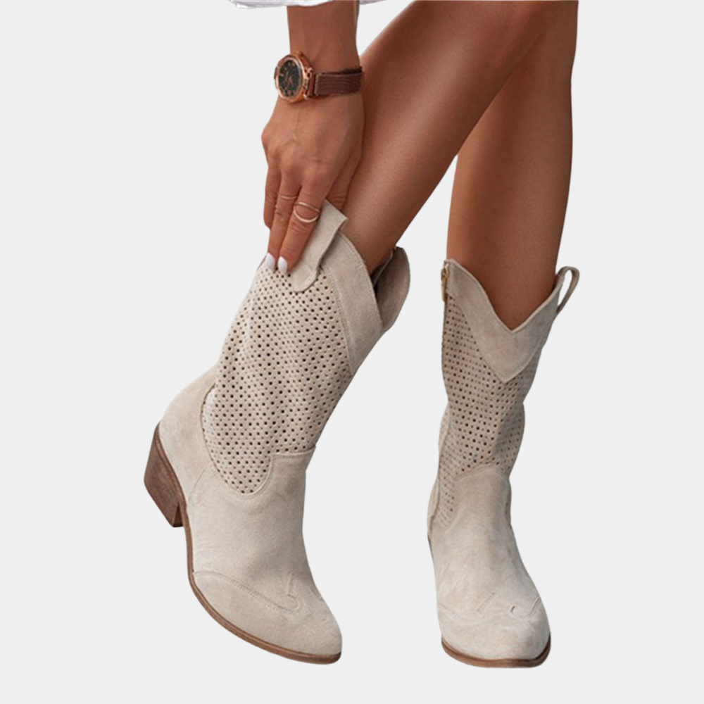 Perforated Leather Pointed Toe Stacked Heel Cowboy Boot